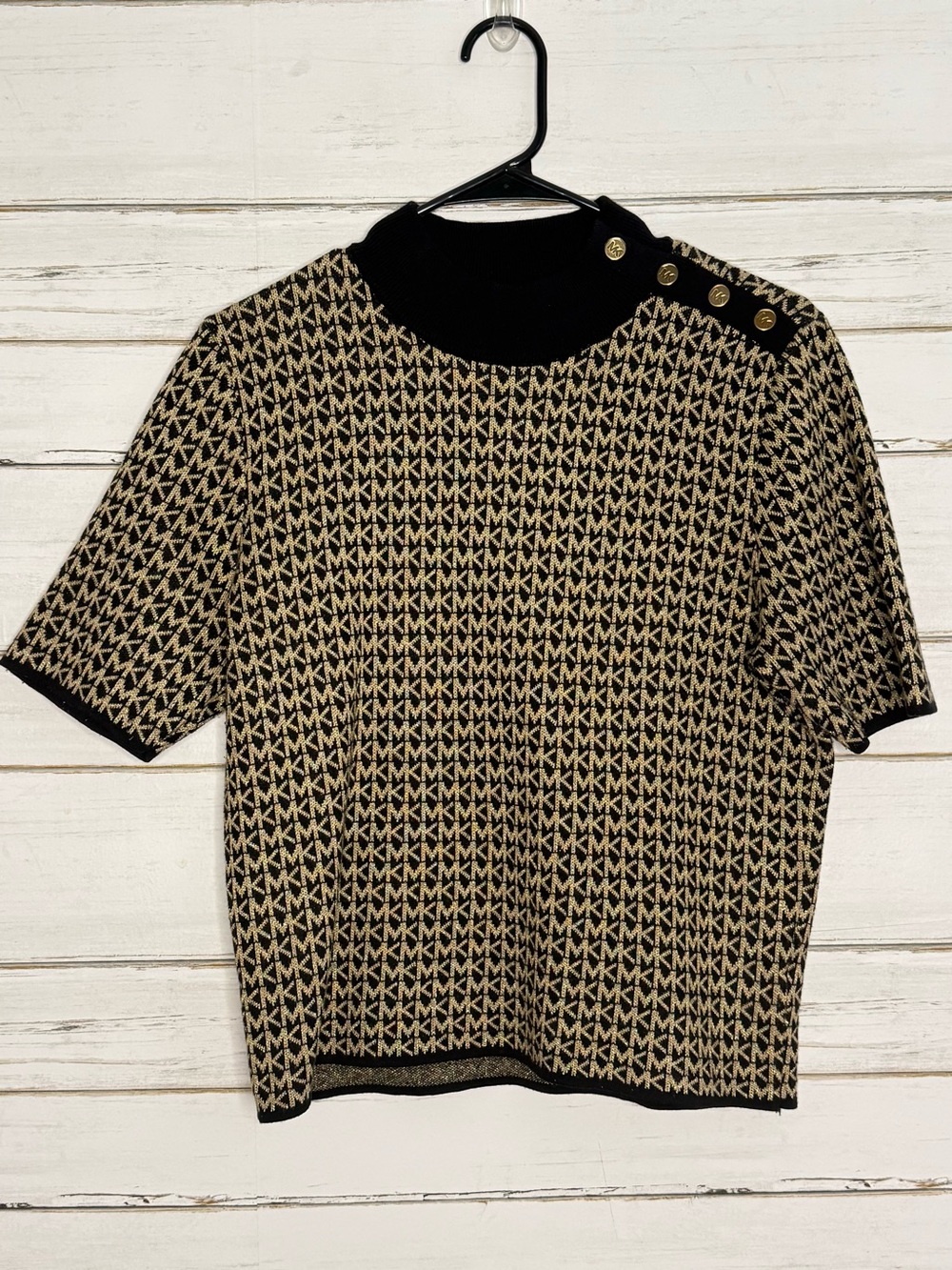 Michael Kors Black Gold Metallic MK Logo Mock Neck Sweater Large